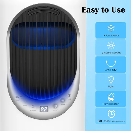 Miniatura 7 de Combo de ventilador de torre y calentador 4 en 1 con humidificación, calentador de espacio de 1800 W para uso en interiores, oscilación de 120°, 2