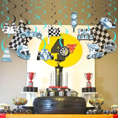 Miniatura 5 de Remolinos colgantes de cumpleaños de coche de carreras, 20 unidades, decoración de fiesta de autos de carreras, banderas a cuadros, serpentinas