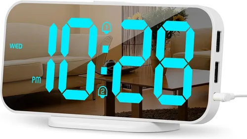 Miniatura 11 de Reloj despertador digital delgado ALANAS para dormitorios, alarmas duales con repetición, superficie de espejo, atenuador de 4 niveles y 2 puertos