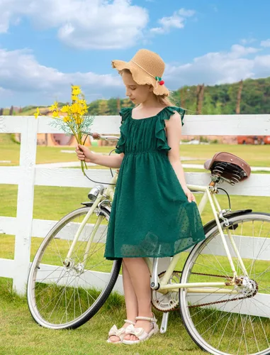 Miniatura 2 de EISHOPEER Vestidos para niñas de 5 a 13 años con mangas con volantes y lunares suizos, estilo casual, acampanado, vestido de fiesta estilo patinadora