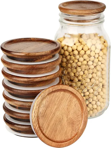 Miniatura 19 de Tapas para frascos de masón, tapas reutilizables para tarros de bambú de vidrio de grado alimenticio, sellado de silicona de material de grado Bambú