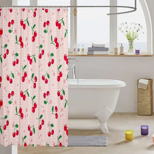 Miniatura 3 de Feelyou Accesorios impermeables de baño de cereza roja con 12 ganchos, cortina de ducha de frutas de dibujos animados para niñas, mujeres y niños