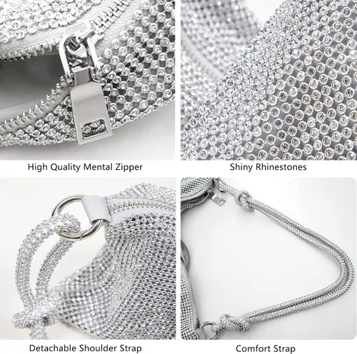 Miniatura 5 de Bolso Hobo con diamantes de imitación para mujer elegante bolso de noche brillante plateado con diamantes de imitación bolso dorado para graduación