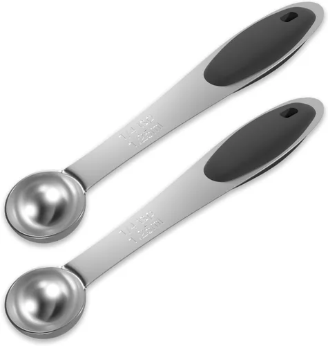 LEIFENY 2 cucharas medidoras individuales de 1/4 cucharadita (0.0 fl oz) con agarre de silicona negra, cuchara de medida individual de acero