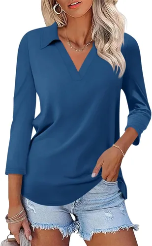 Miniatura 10 de TICTICMISS - Camisas polo de cuello en V para mujer, manga 3/4, con cuello, tops casuales de negocios, tops de verano a la moda, holgados