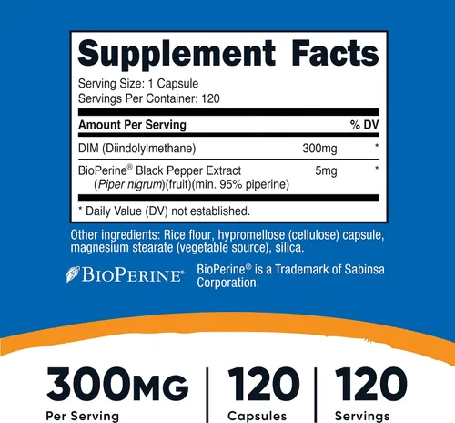 Miniatura 2 de Suplemento Nutricost Dim (diindolylmethane) 0.10 onzas, 120 cápsulas con Bioperine, 1 botella, 1