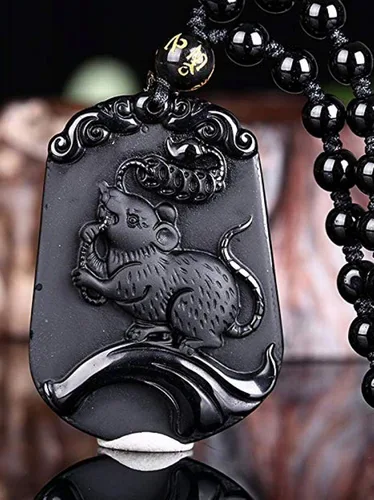 Miniatura 2 de Collar de animales de zodiaco chino con cuentas de obsidiana natural con cadena de cuentas ajustable, Obsidiana, Obsidiana