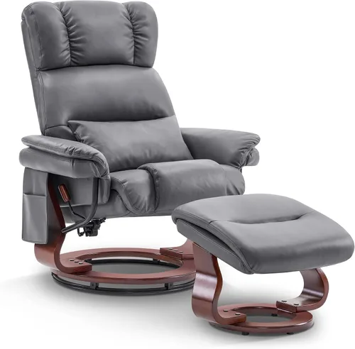 MCombo Sillones reclinables giratorios con otomana, sillas reclinables de TV con masaje por vibración, silla ergonómica de piel sintética para sala
