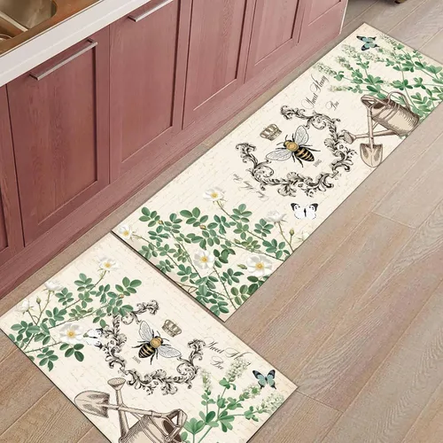 Miniatura 7 de T&H XHome Juego de 2 alfombras de cocina, diseño vintage de abejas de miel, girasol, antideslizantes, parte trasera de goma, tapetes acolchados