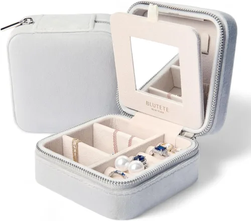 Miniatura 15 de BLUTETE Joyero de viaje organizador de terciopelo con anillos de espejo, aretes, collares, caja organizadora de almacenamiento (negro)