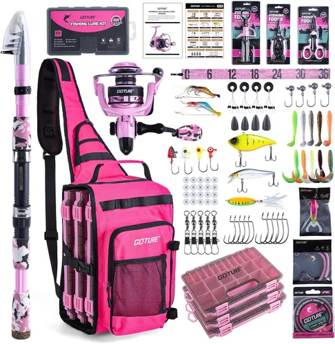 Miniatura 27 de Goture Combo de caña de pescar y carrete rosa - Carrete giratorio ML Action con bolsa rosa - Kit de caña telescópica para principiantes, viajes