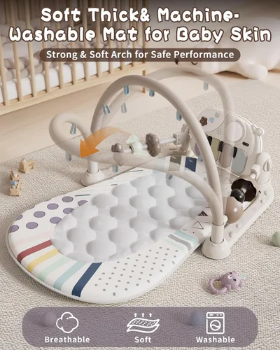 Miniatura 4 de Jovow Alfombrilla de juego para gimnasio para bebés con piano musical desmontable, centro de actividades iluminado con 4 sonajeros y luz nocturna