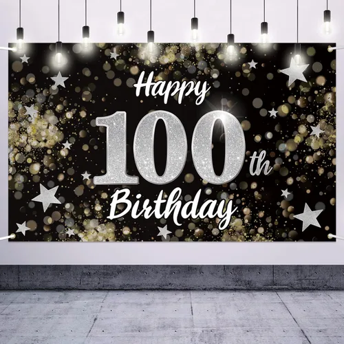 Decoración de feliz cumpleaños número 100, cartel grande de fondo de cumpleaños con estrella de ensueño negro y plateado de 100 años, decoración de