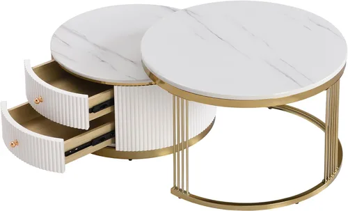 Miniatura 5 de Merax Moderno juego de mesa auxiliar redonda de 2 piezas con cajones de almacenamiento, patas de metal dorado, muebles de MDF que ahorran espacio