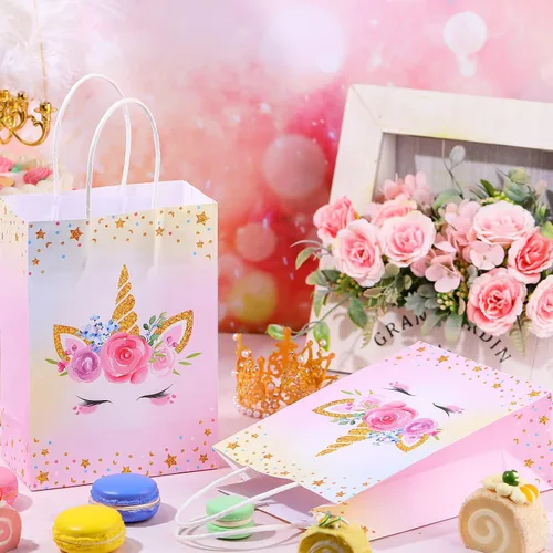 Miniatura 6 de Gersoniel 16 piezas de bolsas de regalo de unicornio con asas, bolsas de regalo de unicornio, bolsas de golosinas para niños, suministros de fiesta