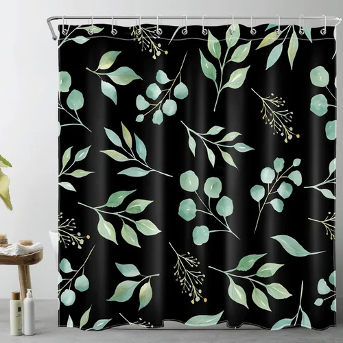 Miniatura 15 de EOBTAIN Cortina de ducha de hojas de eucalipto verde para baño, cortina de ducha con hojas de plantas naturales en beige con 10 ganchos, juego