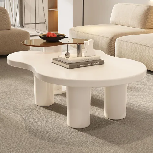 Miniatura 4 de Juego de 2 mesas de centro anidables modernas, con forma de nube irregular, color blanco crema, mesas centrales que ahorran espacio para sala