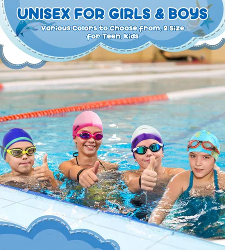 Miniatura 3 de Aegend Paquete de 2 gorros de natación para niñas y niños de 3 a 15 años, gorro de natación impermeable para niños, de silicona duradera