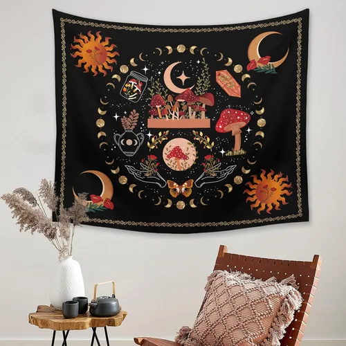 Miniatura 2 de Ftuency Tapiz de hongos y plantas naturales, tapices de fase lunar, decoración de flores estéticas para colgar en la pared para dormitorio, hogar