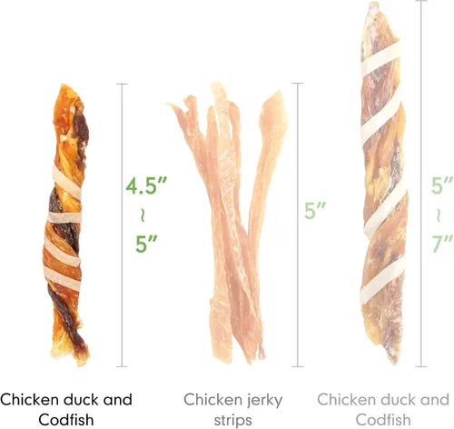 Miniatura 5 de MON2SUN Golosinas para perros, palitos de cecina de triple sabor, palitos de pollo de pato y bacalao de 4.5 a 5 pulgadas para perros pequeños