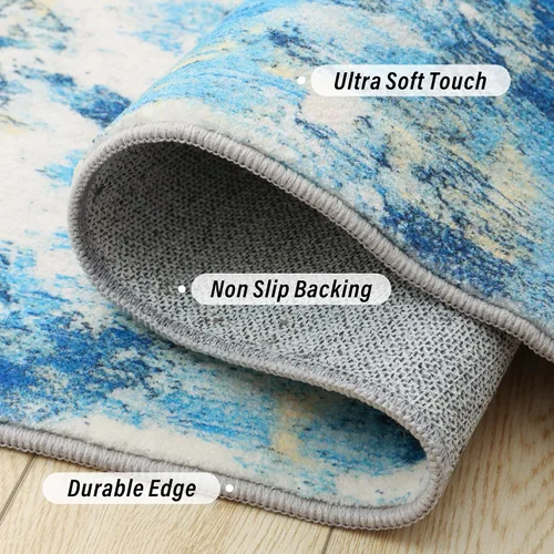 Miniatura 4 de Carvapet 9x12 Alfombras grandes para sala de estar y dormitorio, alfombra moderna lavable azul de pelo bajo con respaldo de goma, plegable, alfombra