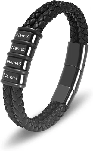 Miniatura 30 de Pulsera personalizada para hombre con cuentas de nombre personalizadas, pulsera de cuero trenzado personalizada grabada con 2-6 nombres