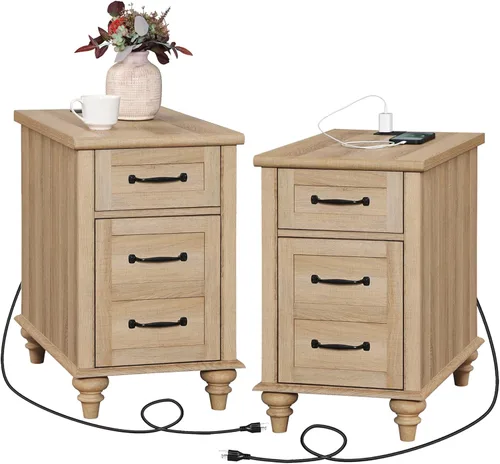 Miniatura 14 de WAMPAT Mesa auxiliar con estación de carga, mesa auxiliar de madera con cajón y armario de almacenamiento, mesa auxiliar moderna con tomas de Roble