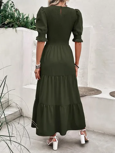 Miniatura 88 de BTFBM Vestidos para mujer, cuello redondo, casual, de verano, con volantes, manga corta, bohemio, con niveles, fruncido, largo, con estampado floral