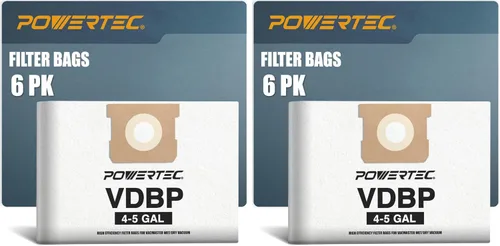 POWERTEC 75023-P2 - Bolsas de filtro para aspiradora Vacmaster VDBP de 4-5 galones en seco y húmedo, compatible con VQ407S y VWM510, paquete de 6