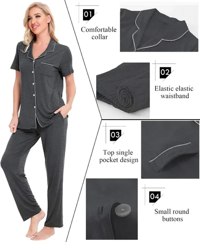 Miniatura 3 de SWOMOG conjunto de pijama de dos piezas para mujer, ropa de dormir de manga corta, con botones, pantalones largos