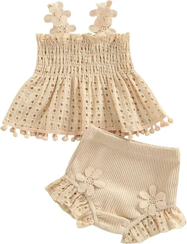Miniatura 161 de TheFound Trajes de verano para niñas pequeñas, sin mangas, de punto acanalado, halter, pantalones cortos, ropa para recién nacidos, conjunto de 3