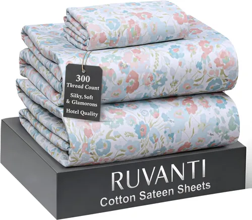 Miniatura 10 de RUVANTI Juego de sábanas de 100 % algodón tamaño matrimonial, tejido de satén suave y sedoso de 300 hilos, refrescante, ligero y transpirable, Beige