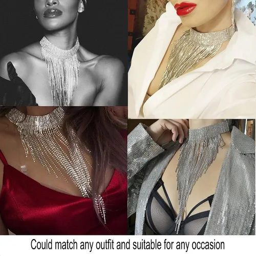 Miniatura 6 de Flyonce - Collar con diamantes de imitación para mujer, gargantilla con borla estilo pechera, joyería para fiesta formal