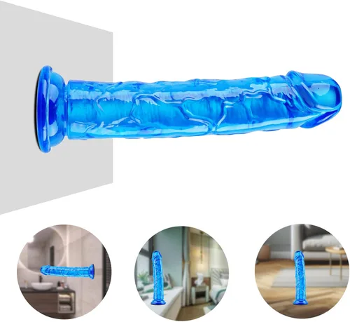 Miniatura 3 de Consolador pequeño realista de 7 pulgadas, juguete sexual realista de TPE azul, para principiantes, pene delgado sin bola con fuerte ventosa, bonito