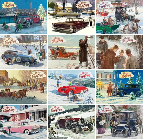 Miniatura 2 de PIXILUV Tarjetas de felicitación de Navidad 12 tarjetas grandes ~ Autos clásicos y la nieve ~ Reimpresión de postales vintage
