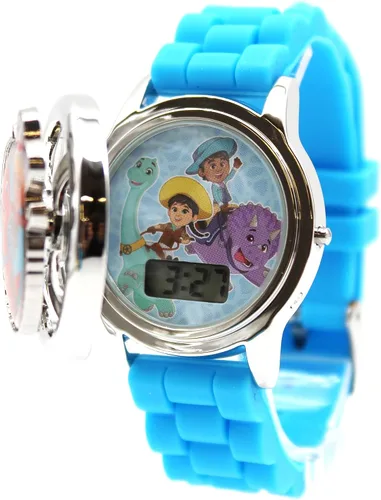 Accutime Dino Ranch - Reloj de pulsera digital de cuarzo LCD para niños, niñas, niños pequeños con cara multicolor, correa azul y cubierta giratoria