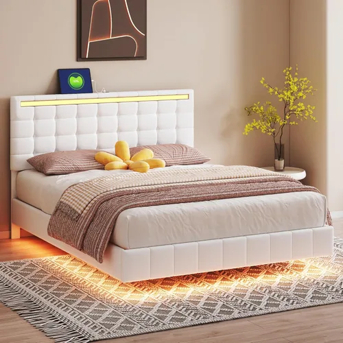 Miniatura 23 de Cama de plataforma flotante, marco de cama de madera tamaño individual con rayas claras, tela de lino suave y cabecera de diseño capitoné