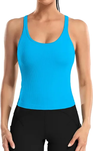 Miniatura 117 de ATTRACO Camiseta corta acanalada de entrenamiento para mujer con brasier integrado para yoga, espalda cruzada, ajuste ajustado