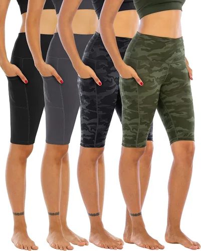 Miniatura 12 de WHOUARE Paquete de 4 pantalones cortos de yoga con bolsillos para mujer, cintura alta, atléticos, correr, entrenamiento, gimnasio, control de abdomen