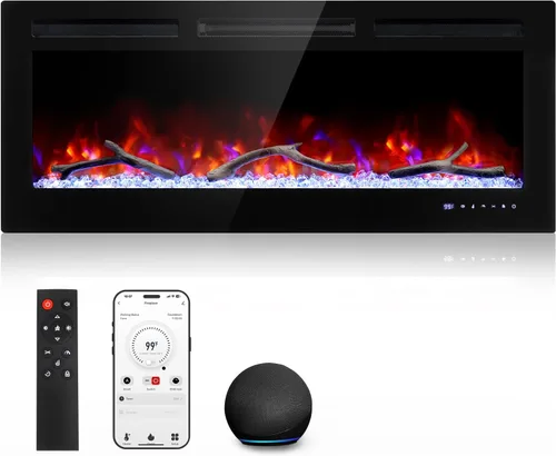 Cheerway Chimenea eléctrica inteligente WiFi de 42 pulgadas, calentador eléctrico empotrado y montado en la pared con sonido crepitante y llama