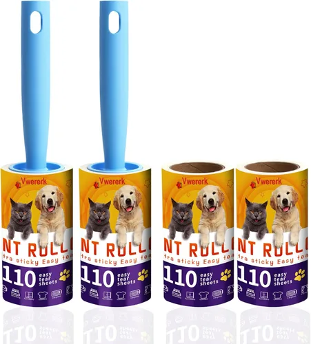 Rodillos de pelusa para pelo de mascotas extra pegajosos, 440 hojas/4 repuestos de rodillos de pelusa con 2 asas duraderas, rodillo de pelo de Azul