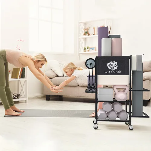 Miniatura 5 de Estante de Almacenamiento para Esterilla de Yoga, Estante de Almacenamiento para Gimnasio en Casa, Organizador de Almacenamiento de Equipo de Negro