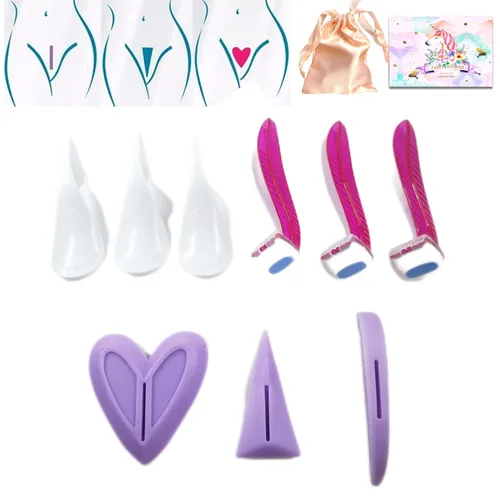 Munyee Hua Intimate Pube - Juego de recortador de pelo para mujer con 3 formas, 3 prácticas maquinillas de afeitar, una bolsa de almacenamiento de