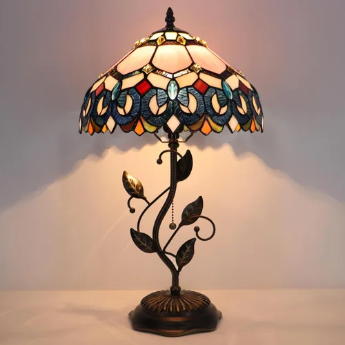 Miniatura 5 de Tiffany Table Lamp, Pink Stained Glass Desk Light, W12H19 Inch, Metal Leaf Base (Pink Baroque Style)