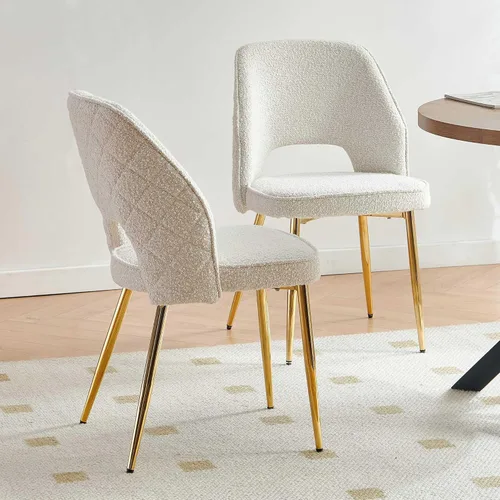 Miniatura 7 de NORDICANA Juego de 2 sillas de comedor modernas, sillas acentuadas tapizadas en beige bouclé con patas doradas de metal, sillas laterales