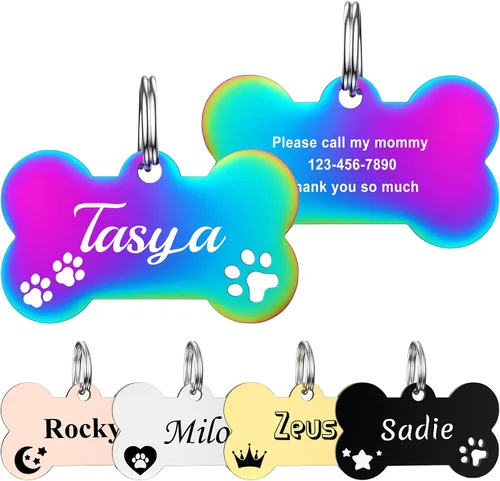 Miniatura 11 de GISUREY - Etiquetas de perro grabadas para mascotas, de acero inoxidable, etiquetas personalizadas de nombre de perro y gato, etiquetas de Hueso