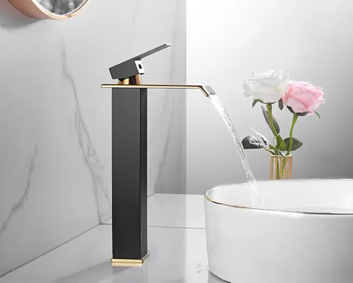 Miniatura 6 de Grifo de recipiente de baño, cascada de oro negro, grifo de fregadero de un agujero, grifos de baño, grifo de baño alto de una sola manija de Negro