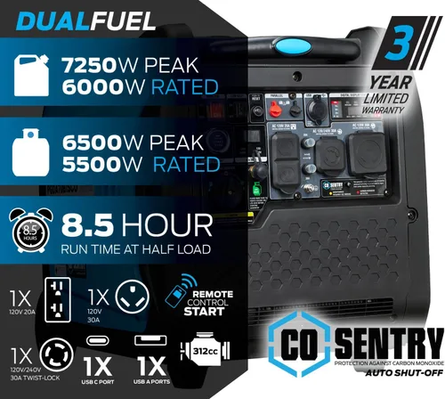 Miniatura 2 de Pulsar, generador inversor de 7,250 vatios de combustible dual sumamente silencioso con arranque remoto
