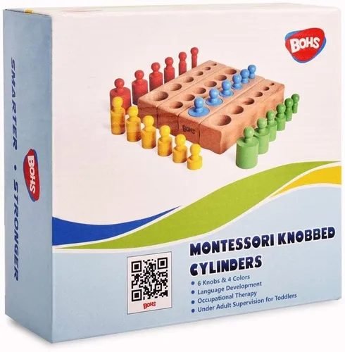 Miniatura 8 de BOHS Montessori - Bloques de cilindros con pomos, 6 clavijas / 6.7 pulgadas, juguetes coloridos de madera para la escuela temprana en casa, juego