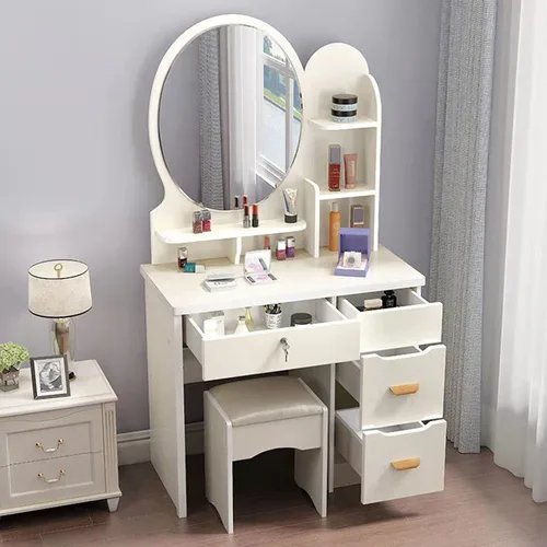 Miniatura 13 de QQXX Juego de tocador grande con espejo, tocador de maquillaje con estantes de almacenamiento y 4 cajones, taburete acolchado para dormitorio